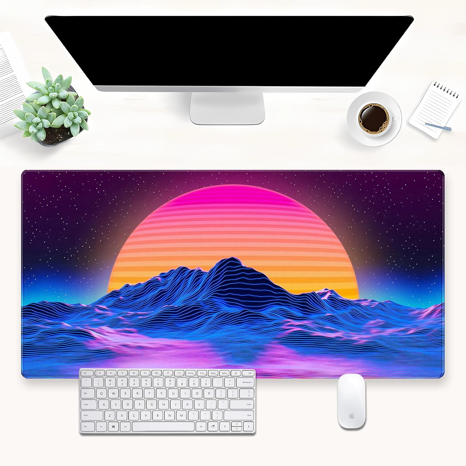 Retro Gaming Desk - Retro Synthwave Mountain Sun Desk Mat,